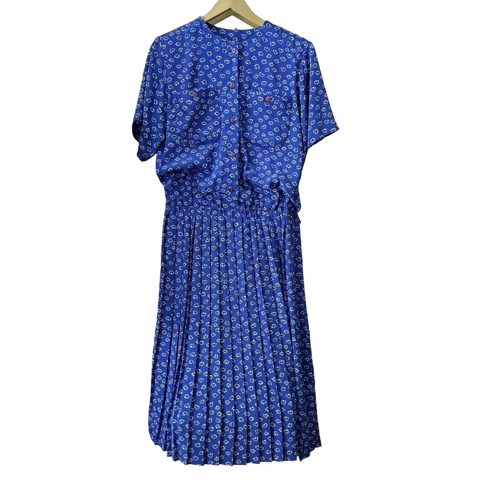 Vintage Liz Roberts Womens 8 Blue Floral Pleated Midi Dress Button Front Pockets